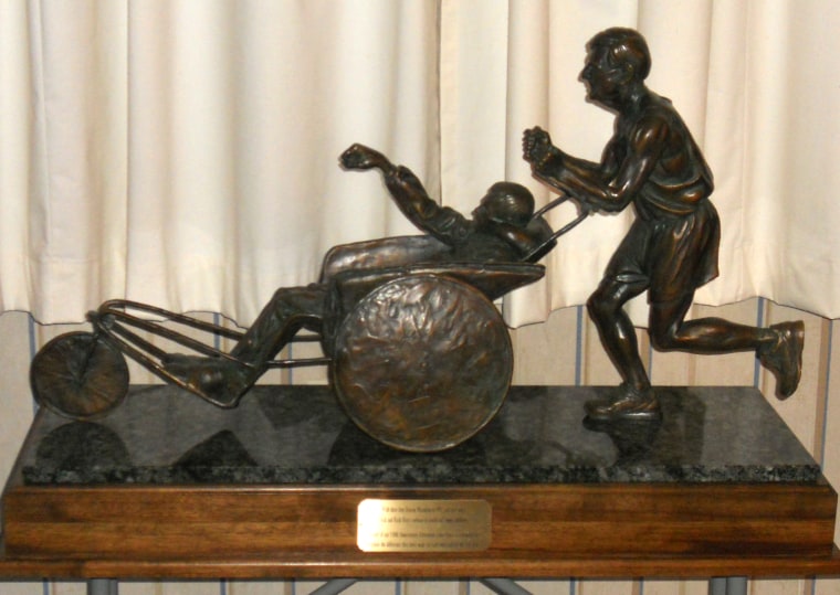 Dick and Rick Hoyt were thrilled to receive this miniature sculpture of themselves last year. The father and son are about to be honored with a life-sized version of the bronze statue at the starting line of the Boston Marathon in April 2013.