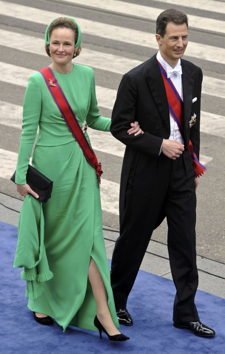 Hereditary Prince Alois (R) and Hereditary Princess Sophie of Liechtenstein arrive for a religious ceremony at Nieuwe Kerk church in Amsterdam April 3...
