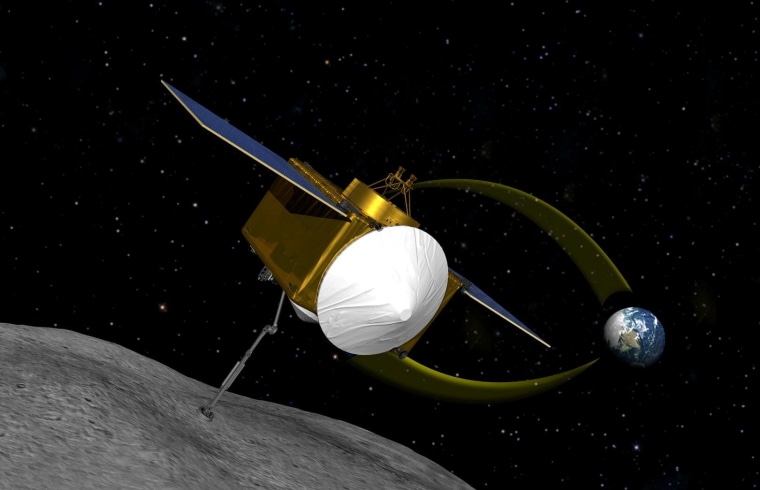 An artist's conception shows the Osiris-Rex spacecraft's path to and from the asteroid Bennu. The spacecraft's aim is to bring up to 4.4 pounds (2 kilograms) of material from the asteroid back to Earth.
