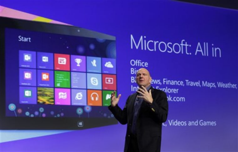 FILE - Microsoft CEO Steve Ballmer gives his presentation at the launch of Microsoft Windows 8, in New York, in this Oct. 25, 2012 file photo. Micros...