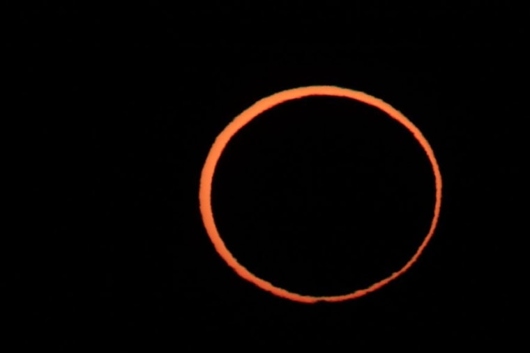 A filtered view of the annular solar eclipse highlights the