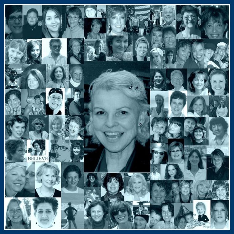 Michal Poe in the center of a collage of her breast cancer support group friends.