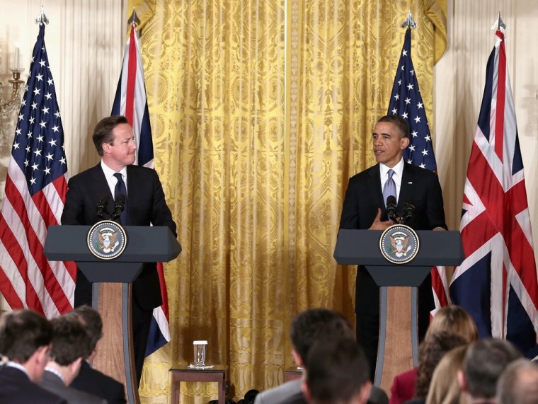 President Barack Obama and British Prime Minister David Cameron hold a joint news conference in the East Room of the White House May 13, 2013.