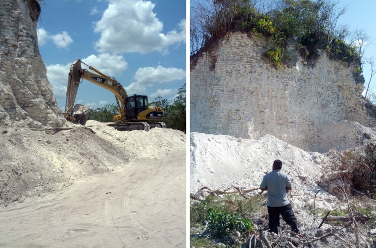 A backhoe claws away at the sloping sides of the Nohmul complex in northern Belize on Friday.
