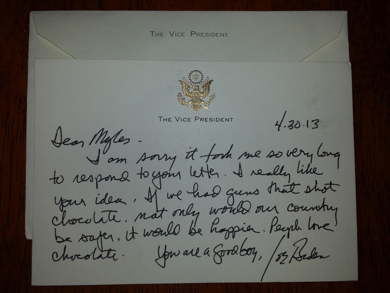 Joe Biden's handwritten letter to Nelson thanks him for his idea, and reads \"If we had guns that shot chocolate, not only would our country be safer, it would be happier. People love chocolate.\"