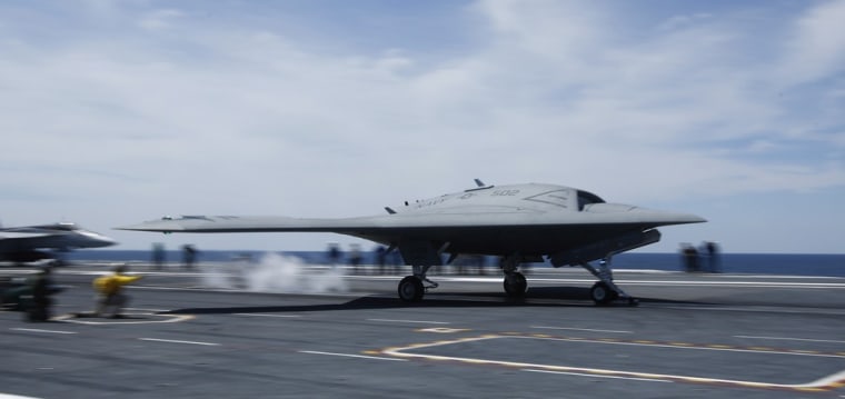 An X-47B drone is launched for the first time off an aircraft carrier, on May 14.