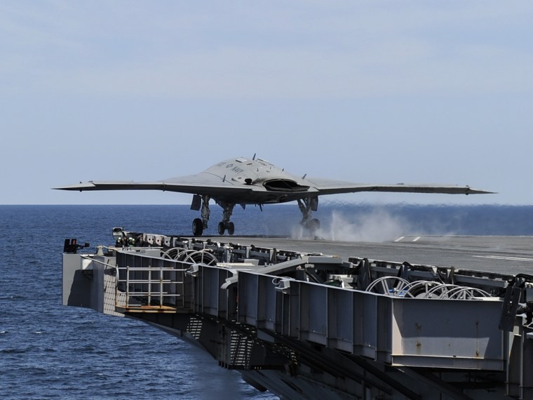 130514-N-ZZ999-004 ATLANTIC OCEAN (May 14, 2013) An X-47B Unmanned Combat Air System (UCAS) demonstrator launches from the aircraft carrier USS George...