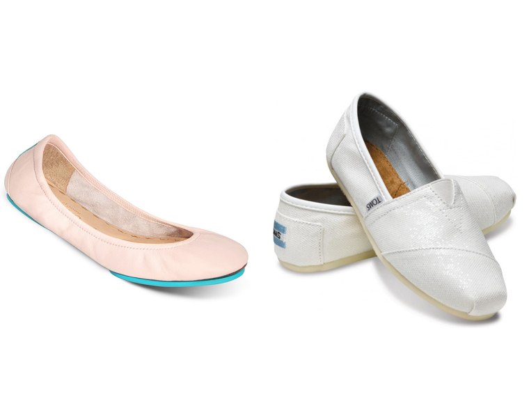Sweet and comfy: Tieks in ballerina pink and metallic TOMS slip-ons in white.