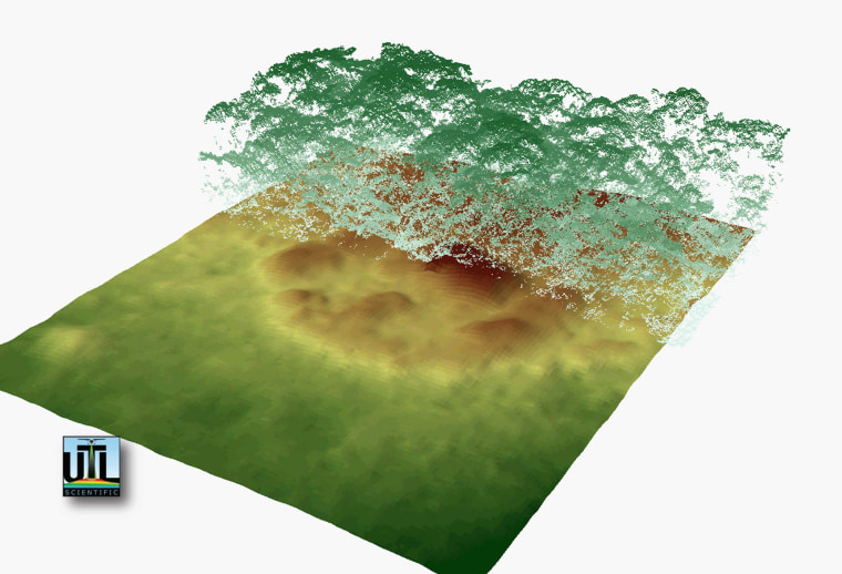 Readings from a laser-mapping system were combined to produce a 3-D map of the Honduran rain forest, and then the vegetation was virtually lifted up from the scene to reveal the ruins of a circular structure.