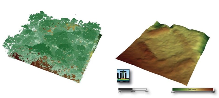 The left image shows a map derived from lidar readings of rainforest terrain. The readings associated with vegetation have been removed to create the right image, which shows the outlines of a square structure.