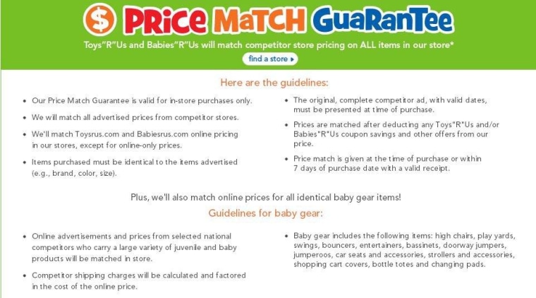 Price match guarantees aren't so simple and include a list of caveats, as seen here in the Toys R Us price-matching guarantee policy.