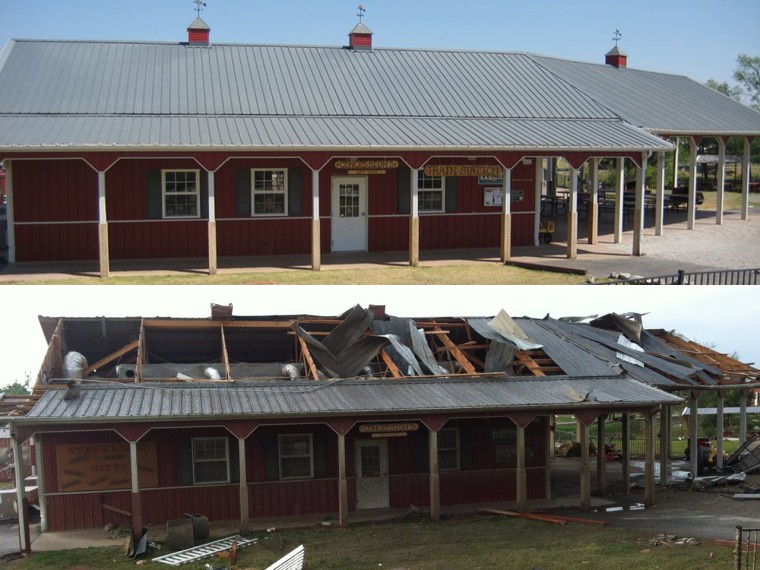 The main barn at Orr Family Farm in Moore, Okla., was one of several structures at the farm battered by tornadoes on Monday.