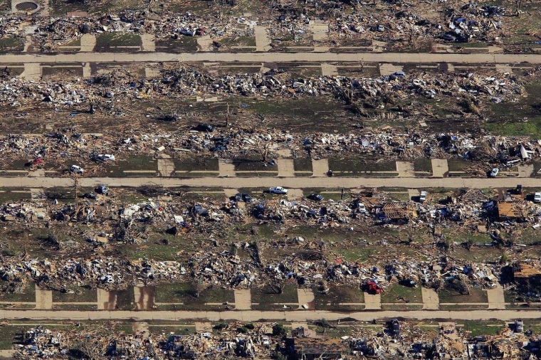 An aerial view of destroyed houses and buildings after a powerful tornado ripped through the area on May 21, 2013 in Moore, Oklahoma.
