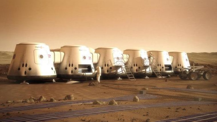An artist's depiction of Mars One astronauts and their colony on the Red Planet.