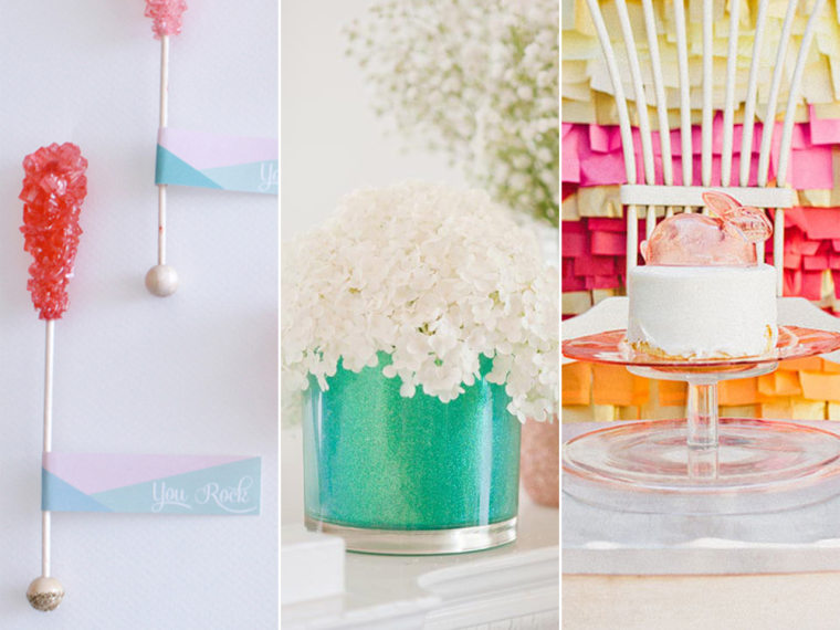 The competition: rock candy place cards, glitter vases and a colorful paper tissue wall.