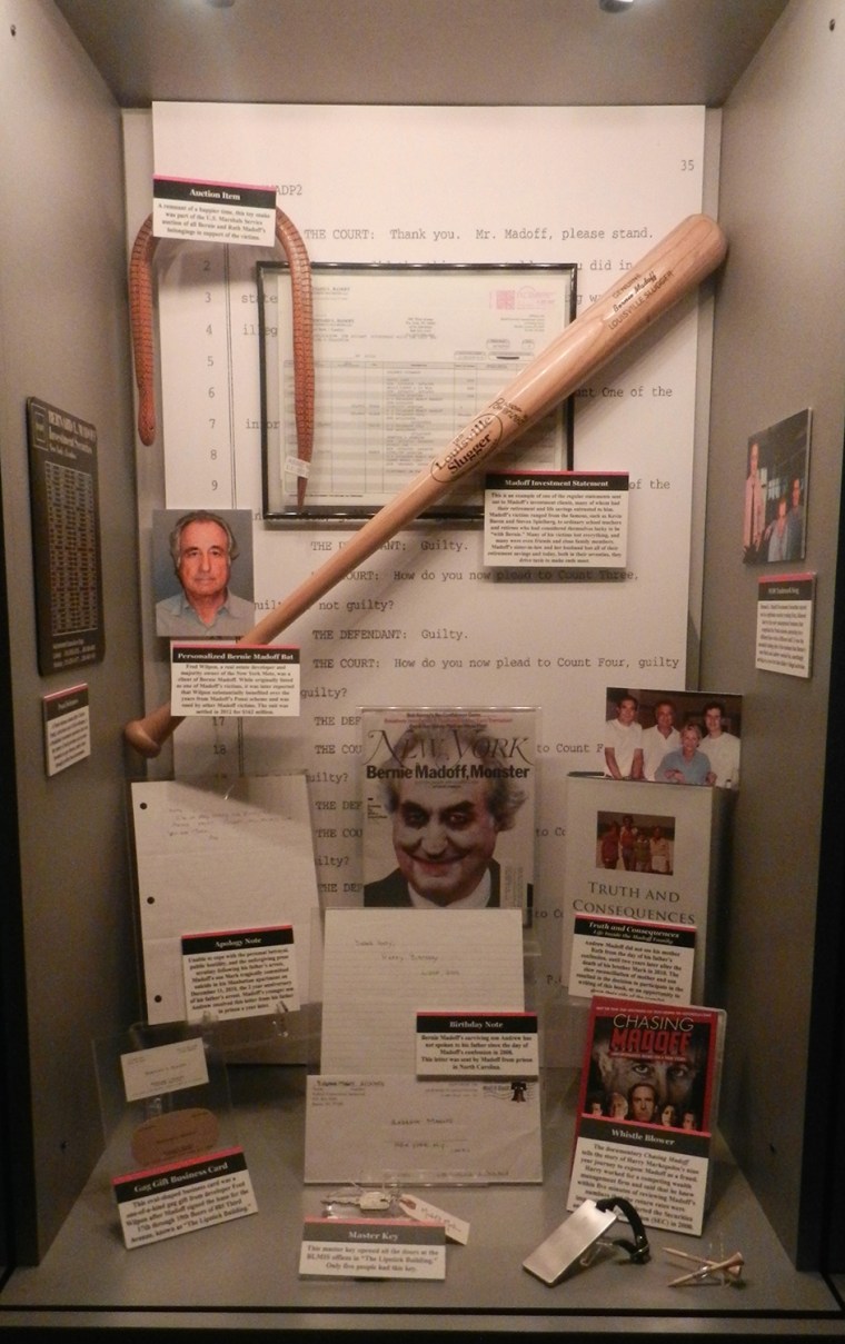 Image: Crime Museum exhibit case on Bernie Madoff.