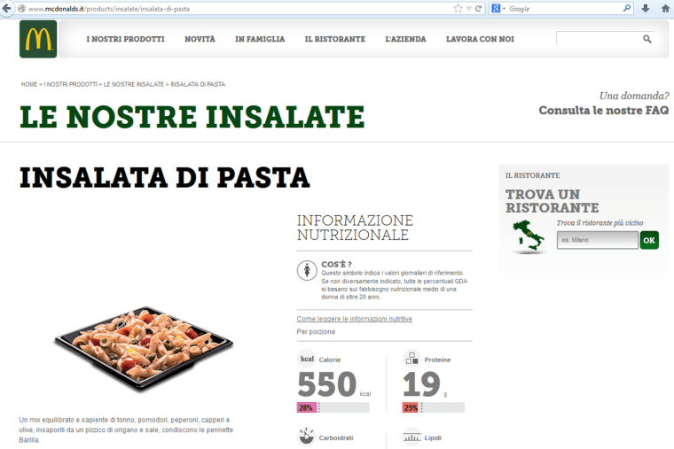A screen shot of the McDonald's Italy website shows its