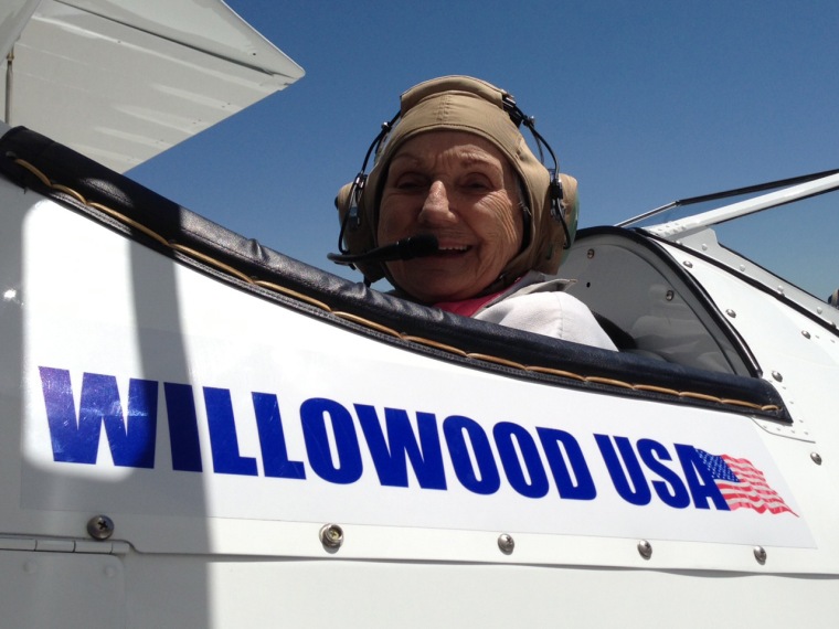 Pat Decker a 90-year-old veteran, prepares to lift off in a ride provided by Ageless Aviation Dreams.