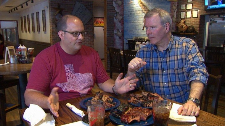 NBC's Kevin Tibbles (right) and Texas Monthly barbecue editor Daniel Vaughn enjoy scrumptious dishes.