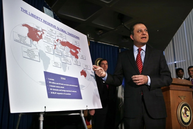 Preet Bharara, United States Attorney for the Southern District of New York, describes charges against Costa Rica-based Liberty Reserve, one of the worlds largest digital currency companies and seven of its principals and employees for allegedly running a $6 billion money laundering scheme at a news conference in New York, May 28, 2013.