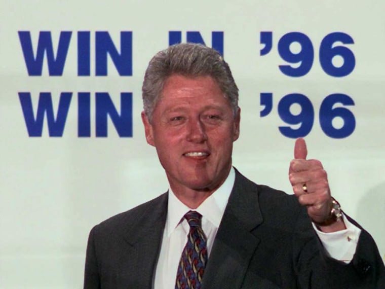 President Bill Clinton signals a thumbs-up to a cheering crowd gathered in downtown Chicago's Daley Plaza.