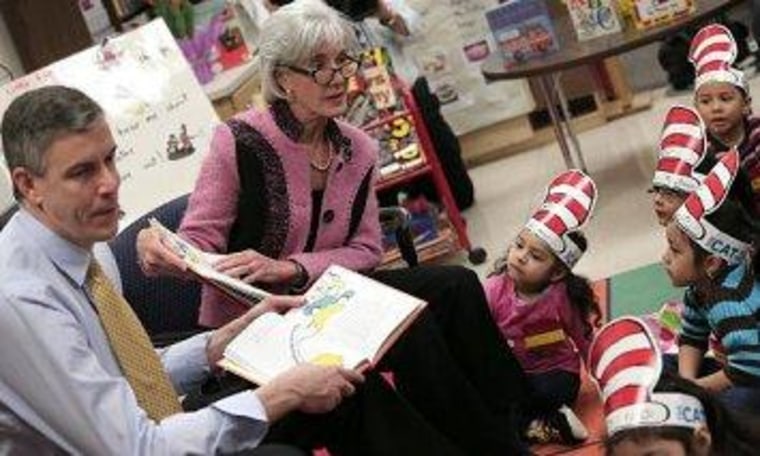 Education Secretary Arne Duncan and HHS Secretary Kathleen Sebelius at a Head Start program in Maryland in March.