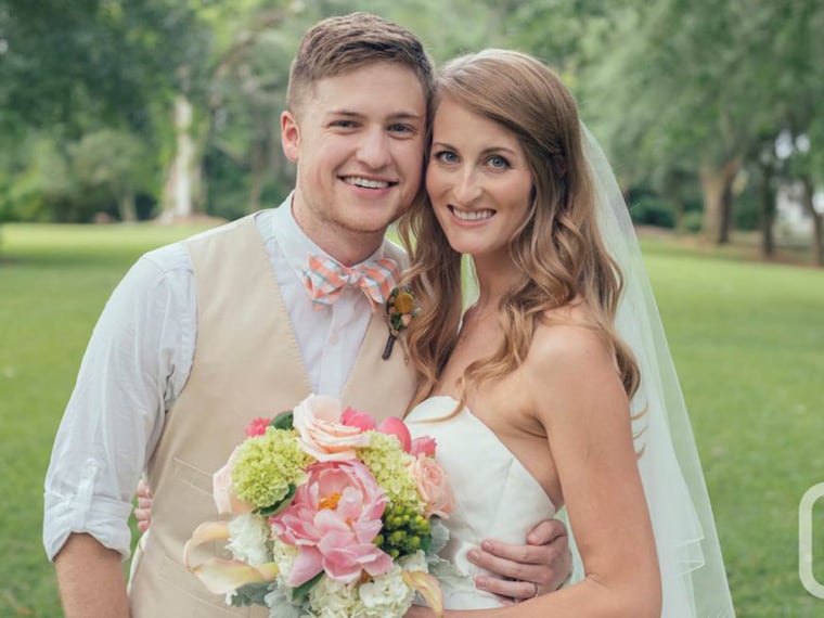 James Lowder and Katie Young let their friend add a dinosaur to their wedding photo.