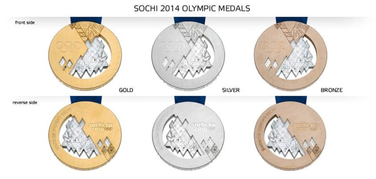 Image: The medals feature the Olympic rings on the front and the name of the specific competition in English on the back.