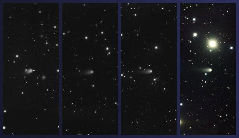 Images of Comet ISON obtained using the Gemini Multi-Object Spectrograph at Gemini North on Feb. 4, March 4, April 3, and May 4, 2013 (left to right, respectively; Comet ISON at center in all images).