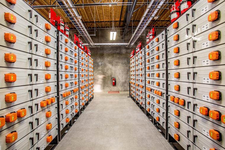 Rows of battery racks at Portland General Electric's Salem Smart Power Center in Salem, Ore., are being used to test several smart grid technologies and approaches.