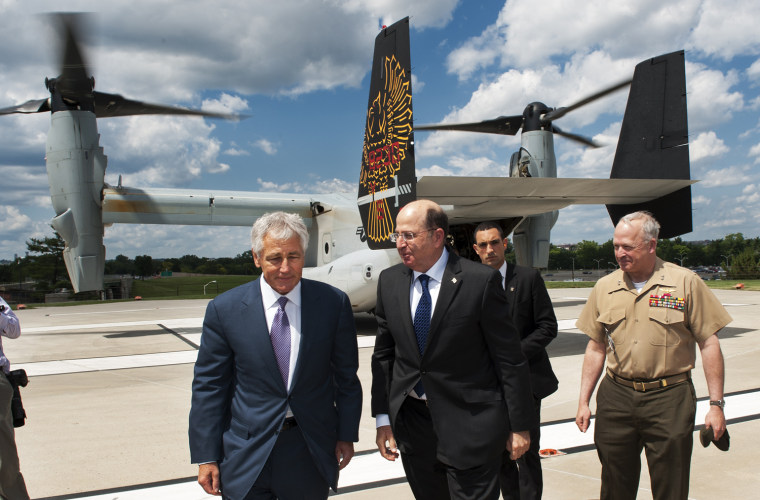 U.S. Defense Secretary Chuck Hagel, left, with Israeli Minister of Defense Moshe Ya'alon after an in-flight demonstration of the V-22 Osprey in June in Washington.