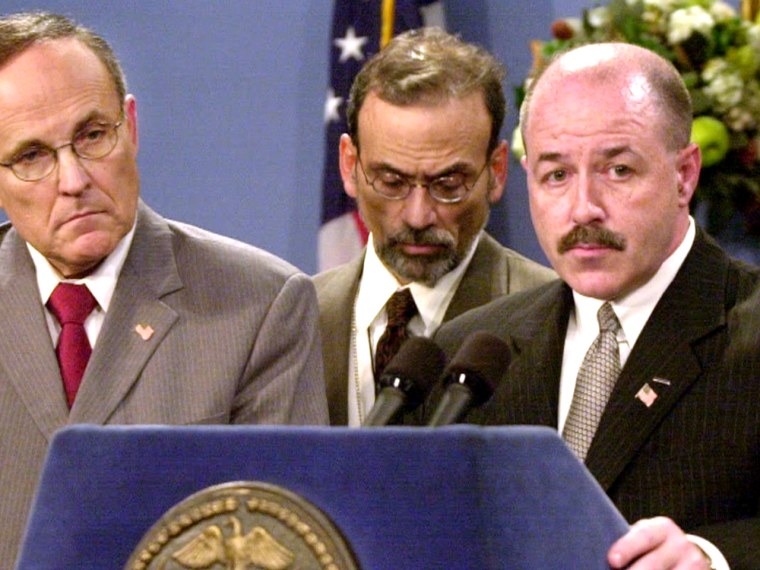 On Oct. 16, 2001, shortly after the Sept. 11 attacks, Kerik joined then-mayor Rudy Giuliani at the podium to answer reporters' questions about investigations into anthrax cases in New York City.