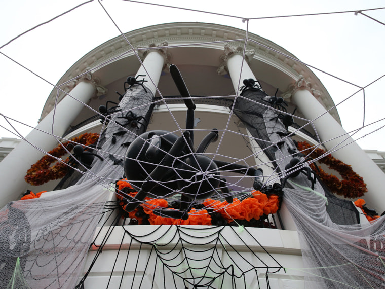 WASHINGTON, DC - OCTOBER 31:  A The South Portico of the White House is decorated for Halloween October 31, 2013 in Washington, DC. Later this evening...