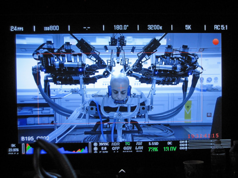 A close-up shoot of the UW’s Raven II robot as it simulates brain surgery on actor Moisés Arias during the filming of “Ender’s Game.”