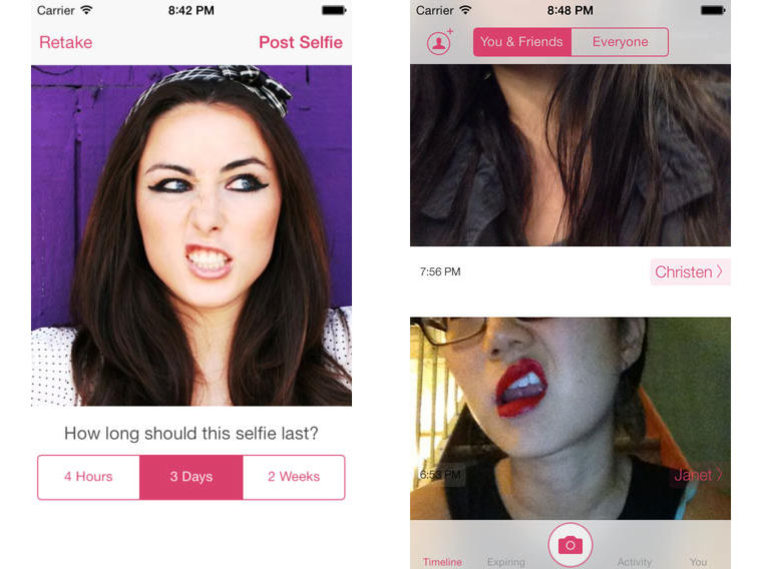 Screenshots from the Selfie app