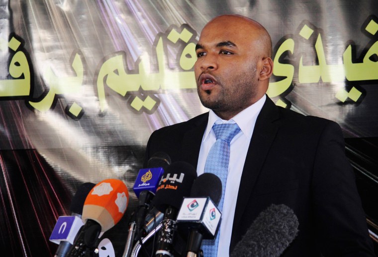 Ibrahim Saeed Jdharan, the head of the political bureau of the Cyrenaica province, speaks during a news conference to announce the formation of a government for Cyrenaica, in Ajdabiya October 24, 2013.