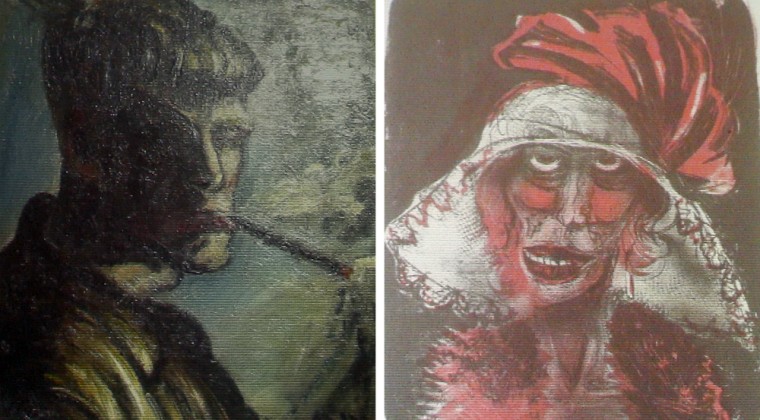 Two previously unregistered paintings, thought to be by German artist Otto Dix, are beamed onto a wall at a news conference in Augsburg, Tuesday.