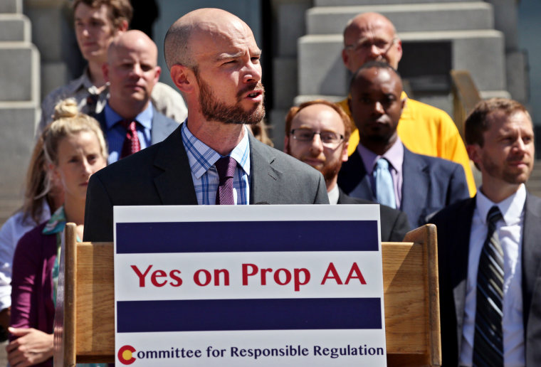 Marijuana activist and Amendment 64 co-author Brian Vicente speaks during a news conference at which he and others kicked off the Yes on Proposition AA campaign, at the state capitol in Denver, Wednesday, Sept. 4 2013.