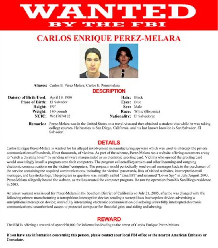 This image provided by the FBI shows the wanted poster for Carlos Enrique Perez-Melara. Among five individuals added this week to the FBI’s list of “m...