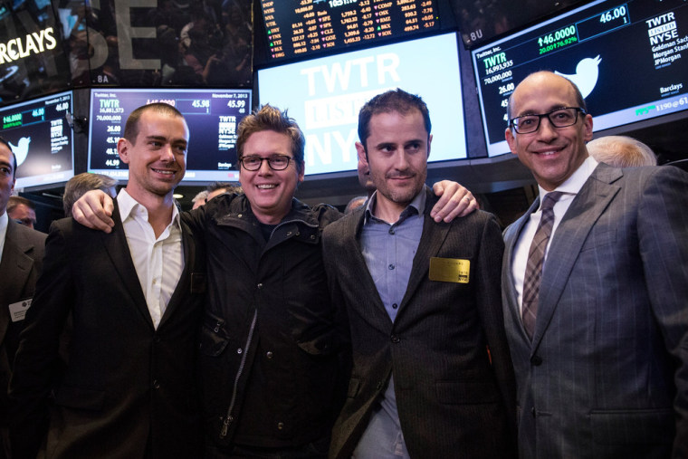 Why are these guys smiling? (L to R) Twitter co-founder Jack Dorsey, Twitter co-founder Biz Stone, Twitter co-founder Evan Williams and Twitter CEO Dick Costolo.