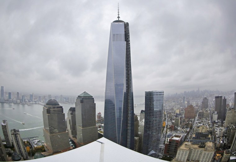 One World Trade Center, center, is seen from the 56th floor of its neighbor, 4 World Trade Center, on Thursday in New York.