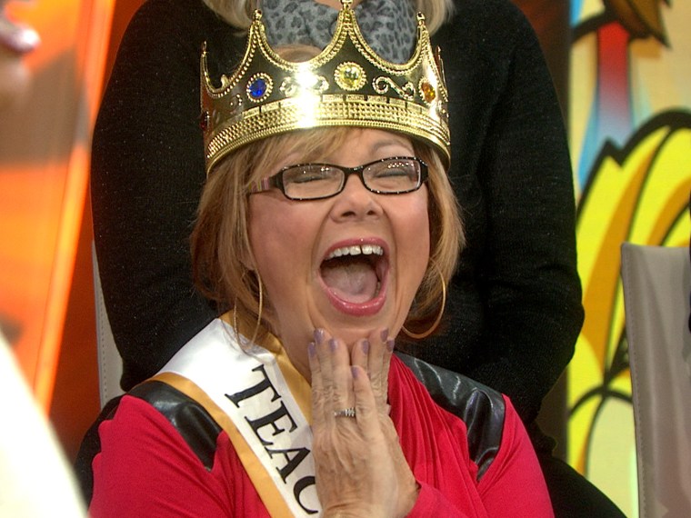 Billie Yardley rejoices after winning KLG and Hoda's Teacher of the Year contest.