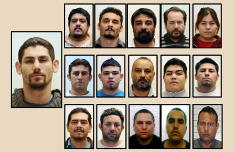 The government of Nuevo Leon state released this picture of the individual who used the name of Luis Ricardo Gonzalez Garcia (left) and his 15 alleged accomplices in a kidnapping ring.
