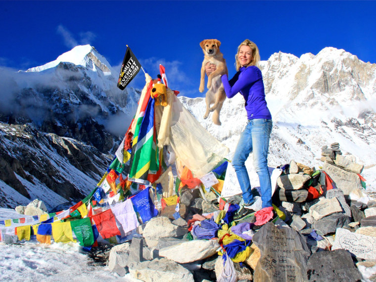 Image: Joanne Lefson and Rupee the dog at South Base Camp on Mount Everest
