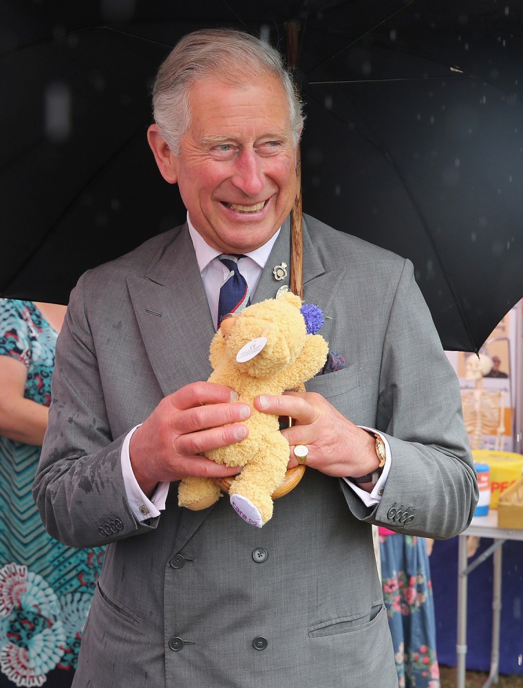 KING'S LYNN, ENGLAND - JULY 31:  Prince Charles, Prince of Wales is presented with a teddy bear for Prince George of Cambridge during a visit to the 1...
