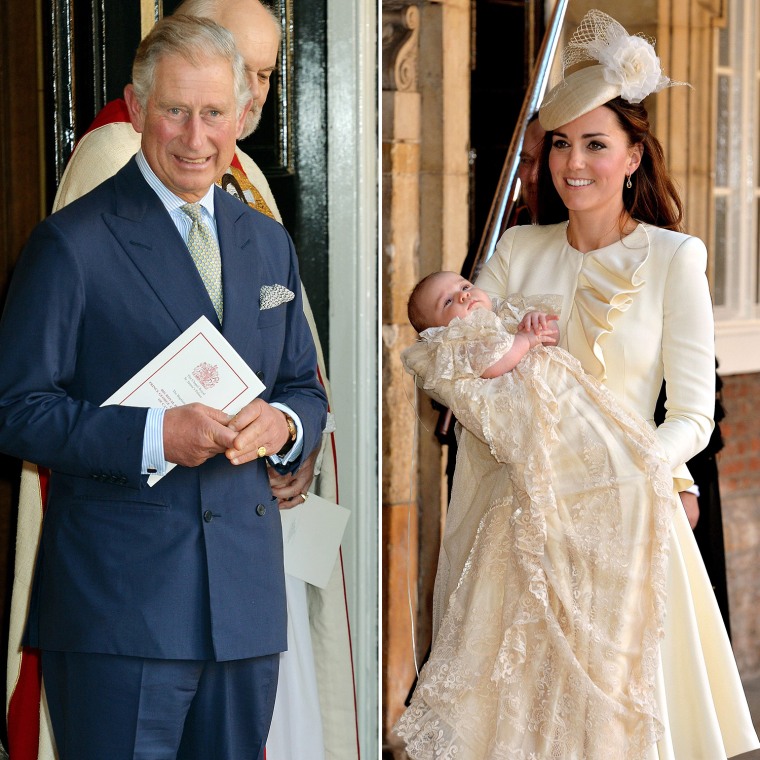 Catherine, Duchess of Cambridge, holds her son Prince George of Cambridge following his Christening at Chapel Royal in St James's Palace in central Lo...