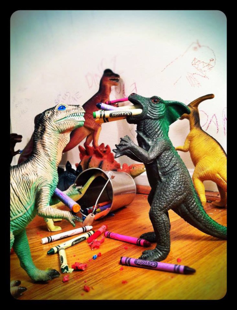 The dinosaurs making a mess.