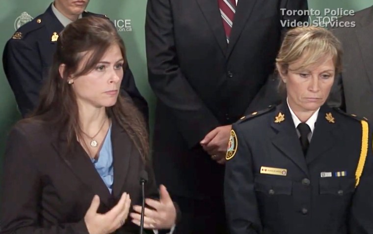 Toronto Police Service Detective Constable Lisa Belanger (L) and Inspector Joanna Beaven-Desjardins of the Toronto Police Service Sex Crimes Unit (R) announce hundreds of arrests in a global child exploitation investigation Project Spade on Nov. 14. at a press conference at Toronto Police Headquarters.