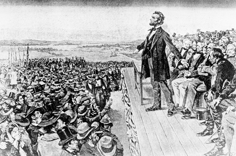 An undated illustration depicting President Abraham Lincoln making his Nov. 19, 1863 Gettysburg Address, which took place at the dedication of the Gettysburg National Cemetery on the battlefield at Gettysburg, Pa.