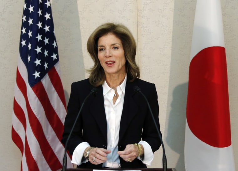 New U.S. Ambassador to Japan Caroline Kennedy gives a statement shortly after her arrival in Japan, Friday.